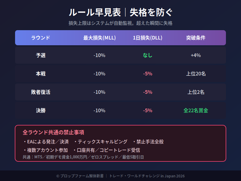 トレードワールドチャレンジ2026 ルール早見表 損失上限と禁止事項